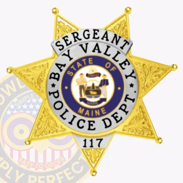 Elegant gold custom metal badge featuring silver panels, prominently displaying "SERGEANT" at the top in bold black letters. The badge includes "BAY VALLEY POLICE DEPT." and "STATE OF MAINE" within the central design, along with the number "117," all attached securely with a practical safety pin for convenience.