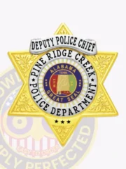 Pine Ridge Creek Deputy Police Chief custom gold 6-point star metal badge with ornate engraved designs on the gold star shape, topped by a silver banner with "Deputy Police Chief" in black letters, and a silver ring surrounding the multicolored Alabama Great Seal and "Pine Ridge Creek Police Department;" includes safety pin on the back.