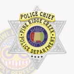 Modern 6-Point Star Shield Badge with Laurel Background, Top Ribbon, 4 Text Panels, Lined Edge view 1