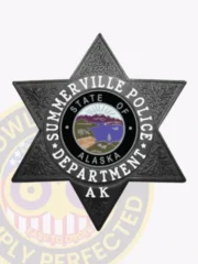 Black six-pointed star police badge for Summerville Police Department, featuring ornate leaf pattern embossing, white lettering encircling a colorful Alaska state seal in the middle, and a safety pin fastener on the back.