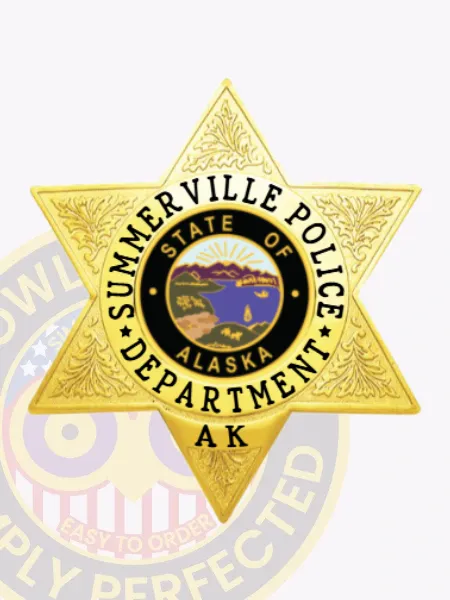 Official-looking custom gold 6 pointed star metal badge for Summerville Police, featuring black text on gold background encircling a multicolor State of Alaska seal, engraved leaf patterns on star points, and a secure safety pin attachment.