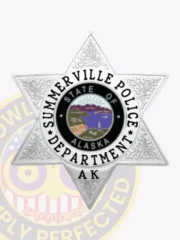 Custom-made silver metal badge shaped as a six-pointed star for Summerville Police, showing ornamental leaf designs on each tip, clear black text around a detailed Alaska state emblem, and a safety pin backing for attachment.