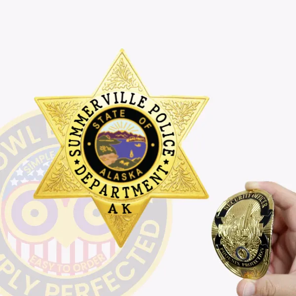 Summerville Police custom gold metal flex badge shaped as a six-pointed star, showing decorative engravings and black lettering around a vibrant multicolor State of Alaska seal, finished with "AK" at the bottom and a velcro attachment.