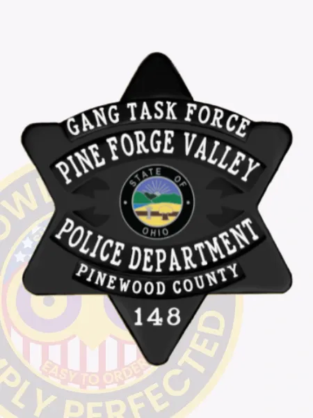 Black six-point star metal badge designed for the Pine Forge Valley Police Gang Task Force, displaying white bold lettering on a smooth black background with the Ohio state emblem in the center and a safety pin for fastening.