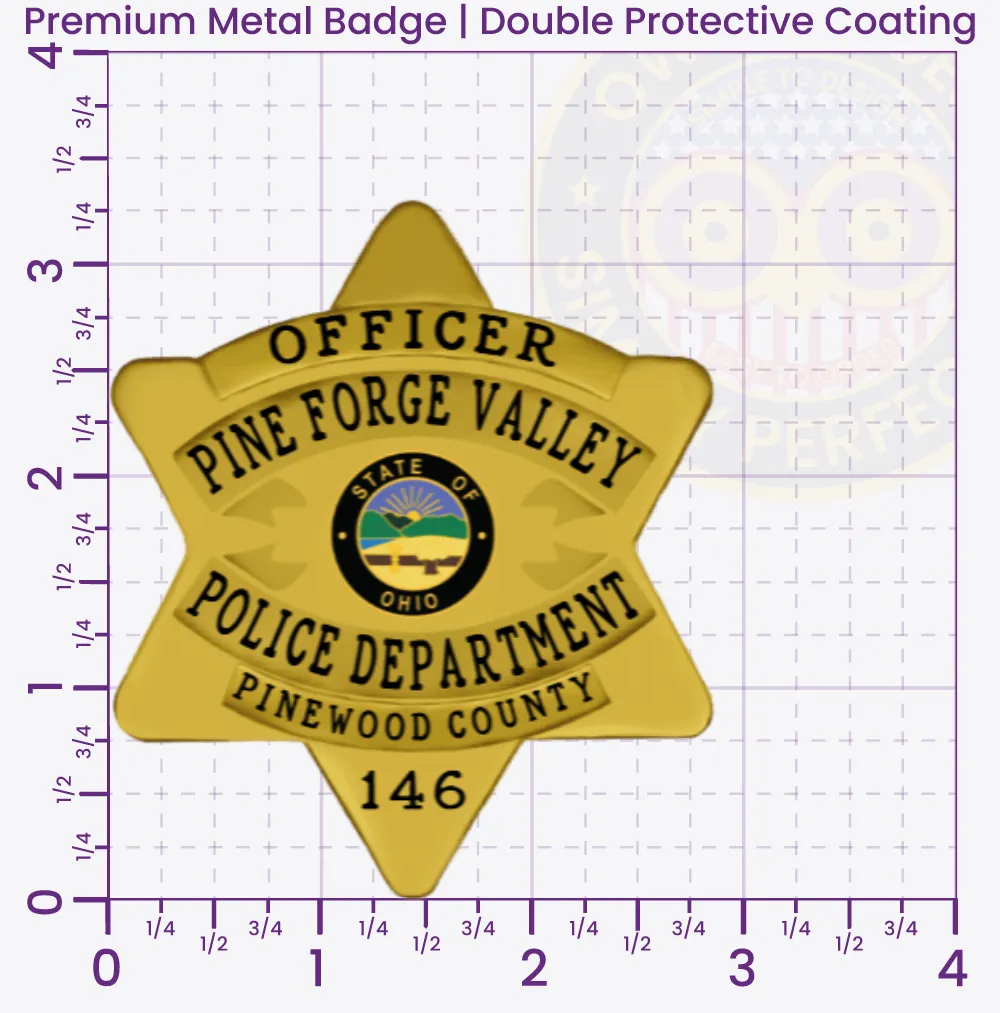 18-P1 Custom Badges And Design, Create, Build and Order Custom Badges Personalized Badges Officer Badges Pine Forge Valley Police Gold 3.3125 Premium