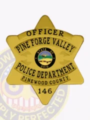 Custom gold metal badge for Pine Forge Valley police featuring a six-point star design with black engraved text reading OFFICER at the top, PINE FORGE VALLEY in the center, POLICE DEPARTMENT below, and PINEWOOD COUNTY at the base, with the Ohio state emblem in the middle and safety pin attachment on the back.