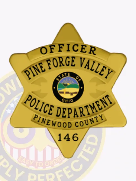 Custom gold metal badge for Pine Forge Valley police featuring a six-point star design with black engraved text reading OFFICER at the top, PINE FORGE VALLEY in the center, POLICE DEPARTMENT below, and PINEWOOD COUNTY at the base, with the Ohio state emblem in the middle and safety pin attachment on the back.