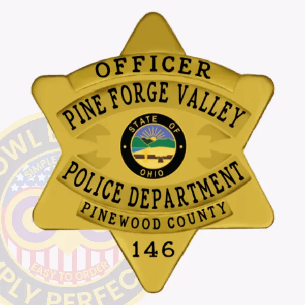 Pine Forge Valley police officer’s custom gold metal badge shaped as a six-point star, displaying black lettering including OFFICER, POLICE DEPARTMENT, and PINEWOOD COUNTY, with a detailed Ohio state seal at center and a safety pin attachment for easy wear.