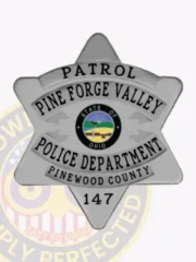 Custom-made silver metal badge in a 6 point star shape for Pine Forge Valley Police Patrol, featuring black lettering and the colorful Ohio state emblem in the center, finished with a safety pin attachment.