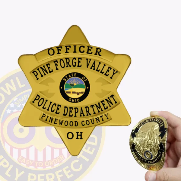 Custom gold 6 point star flex badge for Pine Forge Valley Police Officer, featuring a smooth gold surface with black text that reads "Officer Pine Forge Valley Police Department Pinewood County OH" surrounding a central blue and green State of Ohio seal, designed with a Velcro attachment.
