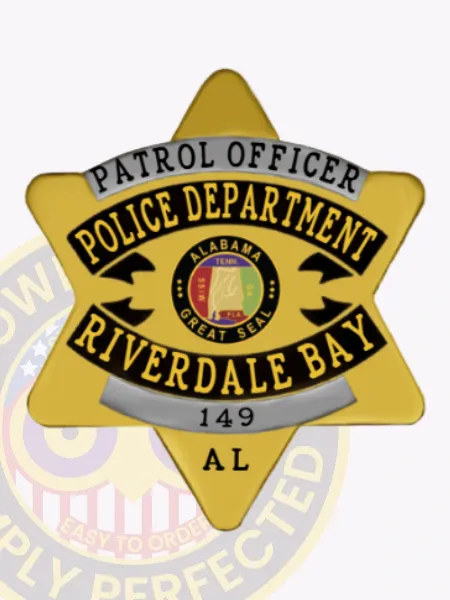 Gold six-point star metal badge designed for Riverdale Bay Police Patrol Officer, displaying the words "Patrol Officer" in silver on a curved banner across the top, bold black and yellow text for "Police Department" and "Riverdale Bay" surrounding the Alabama state seal in the center, with the number "149" and "AL" engraved on the lower part; includes safety pin backing.