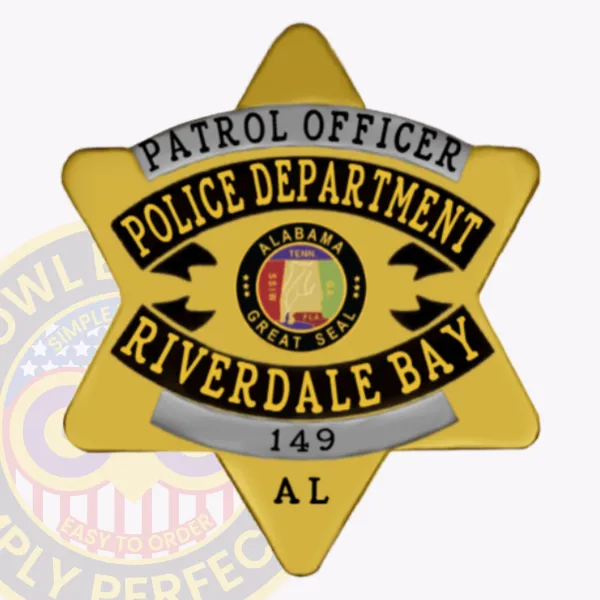 Riverdale Bay Police custom gold metal badge shaped as a 6-point star, showing "Patrol Officer" in silver at the top, black banners with yellow lettering stating "Police Department" and "Riverdale Bay," centered by the colorful Alabama Great Seal, and numbered "149 AL" below; fastened with a safety pin on the back.