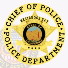This eye-catching gold metal badge features a bold 5-point star at its center, enclosed by a stylish circular banner. The words "chief of police" are prominently displayed above, while "westbrook bay police department" wraps around below. The inner circle showcases "state of california," and the badge comes with a safety pin attachment for secure and convenient wearing.
