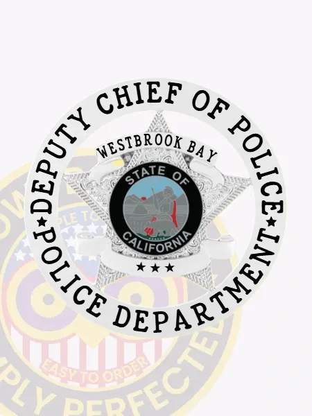 This elegant silver badge showcases a striking 5-point star surrounded by a circular banner that reads "DEPUTY CHIEF OF POLICE" at the top and "WESTBROOK BAY POLICE DEPARTMENT" at the bottom. The inner circle features "STATE OF CALIFORNIA," reinforcing its law enforcement connection. Designed with practicality in mind, it includes a safety pin attachment.