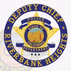 A custom metal badge featuring a striking 5-pointed gold star at its center, set within a blue circle banner. The title "deputy chief" is prominently displayed at the top, while "riverbank heights police department" curves around the bottom. The badge includes blue reverse enamel panels and silver accents, with "state of california" highlighted inside the star. Designed for practicality, it features a safety pin attachment for secure wearing.