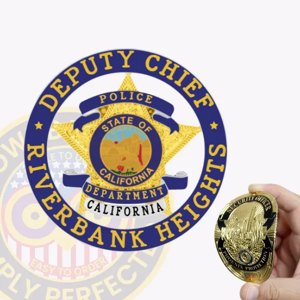 An impressive custom flex badge showcases a central 5-pointed gold star framed by a blue circle banner. The designation "DEPUTY CHIEF" is elegantly placed at the top, while "RIVERBANK HEIGHTS POLICE DEPARTMENT" is featured below. The badge highlights blue reverse enamel panels and silver accents, emphasizing its official status. It comes equipped with a velcro attachment for convenient wear.