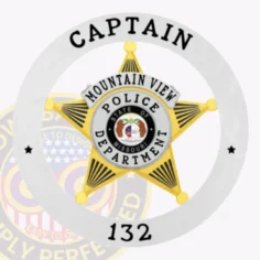A distinctive custom metal badge displays a bold 5-point gold star at its center, enclosed by a silver circle banner. The title "captain" is proudly featured above, while "mountain view police department" wraps around the central emblem. The badge includes the identifier "133" below and is designed with a safety pin attachment for practical use.