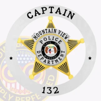 A distinctive custom metal badge displays a bold 5-point gold star at its center, enclosed by a silver circle banner. The title "CAPTAIN" is proudly featured above, while "MOUNTAIN VIEW POLICE DEPARTMENT" wraps around the central emblem. The badge includes the identifier "133" below and is designed with a safety pin attachment for practical use.