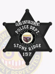 Six-pointed black metal badge designed for Stone Ridge Police Gang Enforcement unit, showing bold white lettering on textured black surface, encircling the Arizona state emblem in the center, secured by a safety pin.