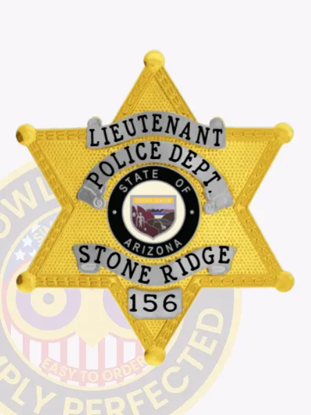 Stone Ridge Police custom gold star-shaped metal badge with silver accent panels labeled "Lieutenant," featuring the “State of Arizona” seal in the center, “Police Dept.” and “Stone Ridge” on silver banners, and badge number 156 at the bottom, attached with a safety pin.