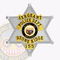 Official-looking custom silver 6 pointed star metal badge for stone ridge police sergeant, featuring black text on gold banners surrounding a colorful state of arizona seal in the center, with elaborate star point engravings and a safety pin attachment.