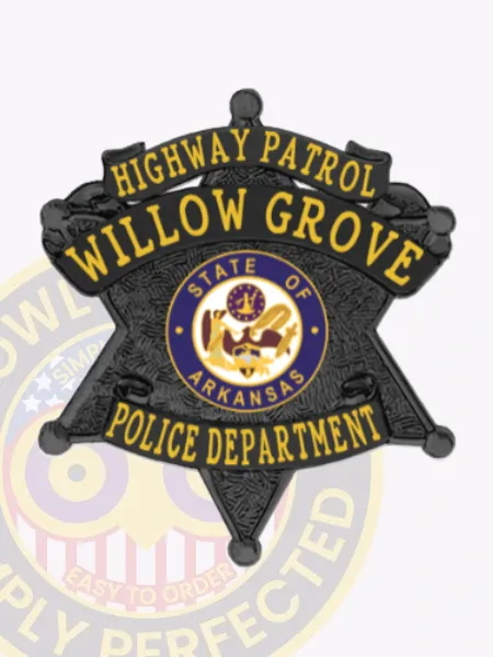 Black six-point star custom metal badge for the Willow Grove police highway patrol, detailed with intricate background patterns, bold yellow letters stating "HIGHWAY PATROL WILLOW GROVE POLICE DEPARTMENT," and a circular Arkansas state seal in the middle, featuring a safety pin attachment.