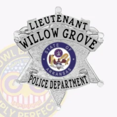 Custom six-point silver metal badge for willow grove police lieutenant, decorated with embossed black text "lieutenant willow grove police department" and a detailed arkansas state seal, designed for easy attachment with a safety pin.