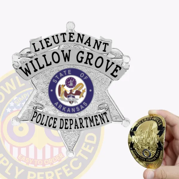 Custom silver flex badge for Willow Grove police lieutenant, shaped like a five-point star with intricate textured background, black embossed text reading "LIEUTENANT WILLOW GROVE POLICE DEPARTMENT," featuring the colorful Arkansas state seal in the center, designed with a Velcro attachment for easy wear.