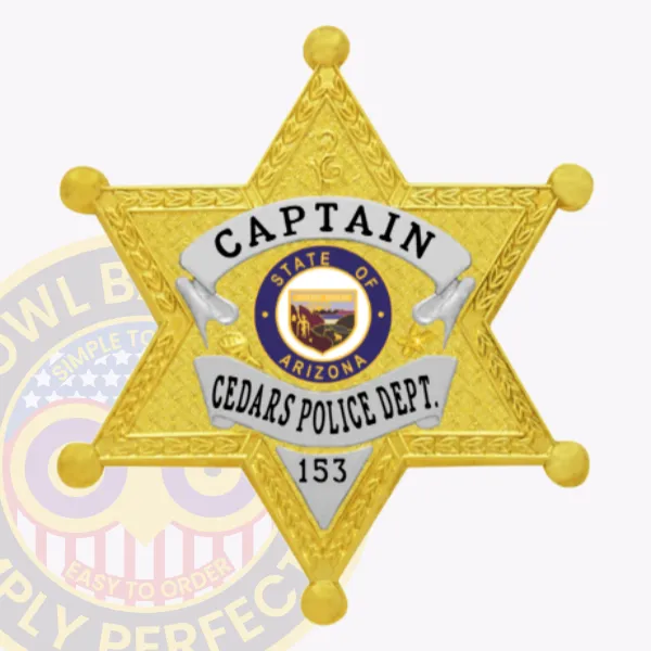 Custom-made gold metal badge shaped as a six-pointed star for Cedars Police Captain, showing decorative leaf designs on the star points, bold black text on silver panels around the Arizona emblem, and a safety pin backing.