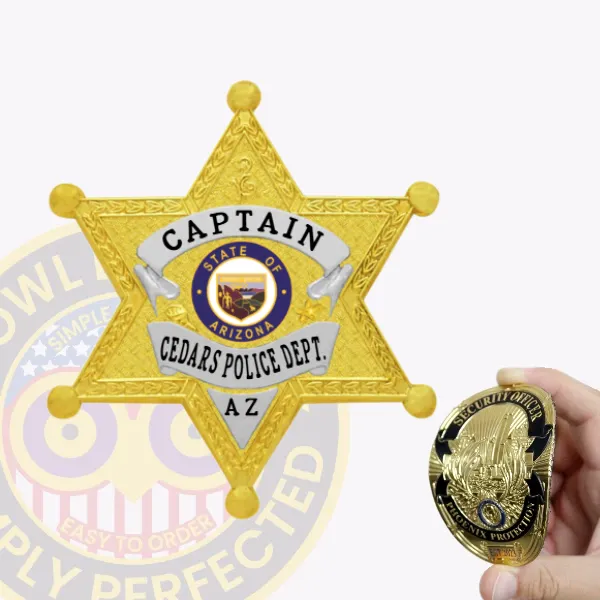 Custom gold 6 pointed star flex badge with silver panels for Cedars Police Captain, featuring "Captain" on a silver banner at the top, "Cedars Police Dept." on a curved silver panel below, centered around the colorful "State of Arizona" seal, with "AZ" at the bottom and a velcro attachment.