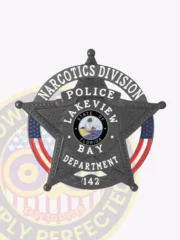 Custom metal badge in black shaped like a five-point star for Lakeview Bay Police Narcotics Division, displaying bold white lettering and the Florida state emblem in the middle, with a secure safety pin attachment.