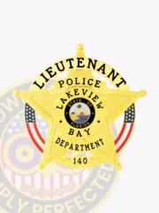 Textured gold 5-point star badge for Lakeview Bay police lieutenant, showing prominent black lettering and a detailed Florida state seal at the center, with a safety pin on the back.