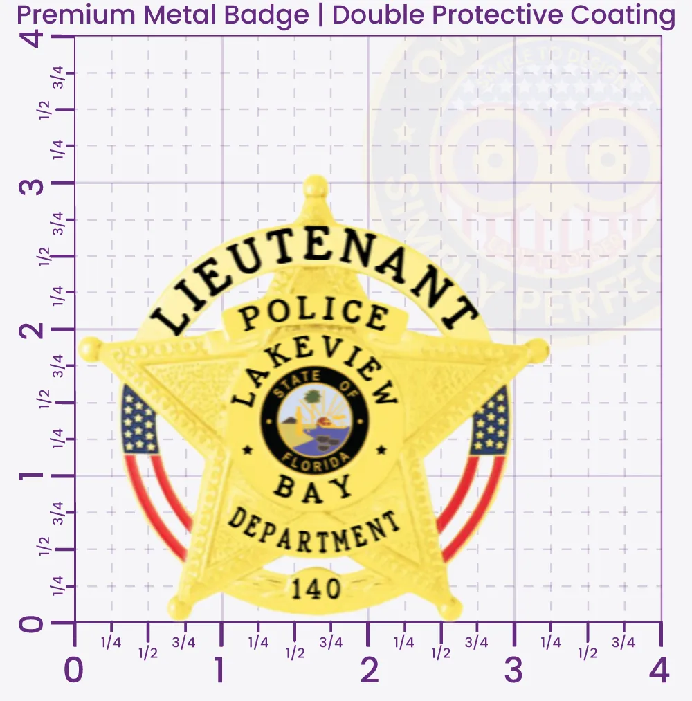 19-H16 Custom Badges And Design, Create, Build and Order Custom Badges Personalized Badges Officer Badges Lakeview Bay Police Gold Badges 3.05 Premium