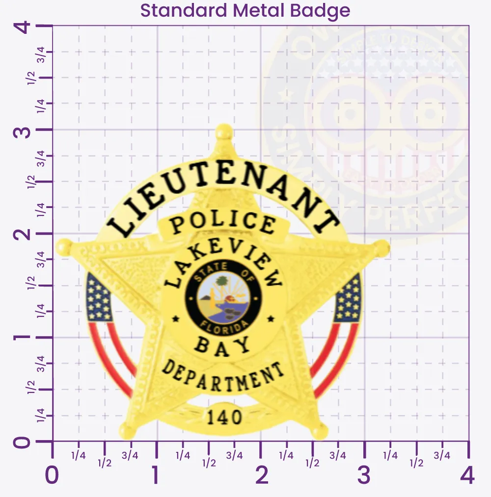 19-H16 Custom Badges And Design, Create, Build and Order Custom Badges Personalized Badges Officer Badges Lakeview Bay Police Gold Badges 3.05 Standard