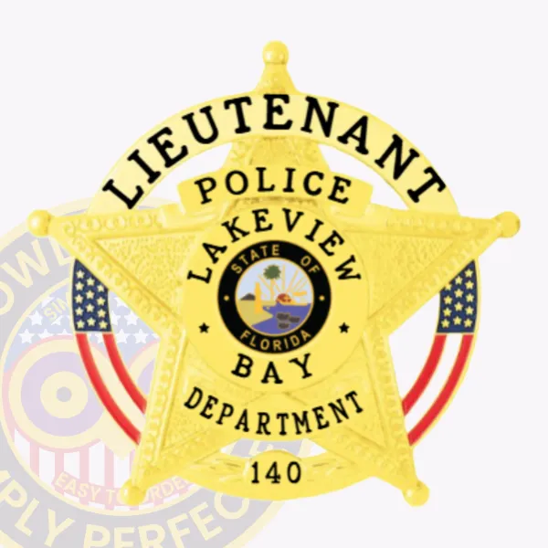 Official custom metal badge in gold shaped like a five-point star for Lakeview Bay Police lieutenant, including the Florida seal and bold black text, fastened with a safety pin attachment.