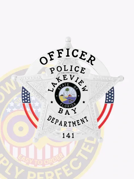 Lakeview Bay Police custom silver star badge for an officer, made of textured metal with clear black text and the Florida state seal in the center, featuring a safety pin on the reverse.