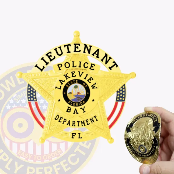 Gold 5-point star police badge labeled Lakeview Bay Department FL, designed for a lieutenant with velcro backing for easy attachment, showcasing detailed embossed lettering and the state of Florida emblem.