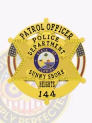Six-point gold star metal badge for Sunny Shore Heights police patrol officer force, featuring a round banner with bold text “PATROL OFFICER,” central Florida state emblem, and banners across the star with “POLICE DEPARTMENT” and “SUNNY SHORE HEIGHTS” plus badge number 144, equipped with a safety pin.