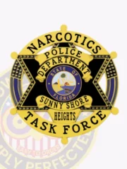 Gold and black six-point star badge in a round banner design for Sunny Shore Heights Police Department’s narcotics task force, showing “POLICE DEPARTMENT” and “SUNNY SHORE HEIGHTS” in gold text on black star points, with the Florida state emblem centered, equipped with a safety pin for attachment.