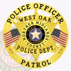 Custom gold six-point star police badge for west oak police officer patrol, showcasing black text on a textured gold background with two american flags and the oklahoma state seal in the middle, attached by a safety pin.