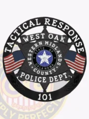 Official black metal 6-point star badge for West Oak Police Tactical Response unit, with white embossed text encircling the badge, "WEST OAK" banner across the star, and an Oklahoma state seal in the center, fastened with a safety pin.