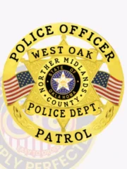 Custom gold 6-point star metal badge for West Oak police officer patrol, featuring bold black text reading "POLICE OFFICER" around the top, a banner with "WEST OAK," and "POLICE DEPT. PATROL" below the Oklahoma state seal in the center, flanked by two American flags, with a safety pin attachment.