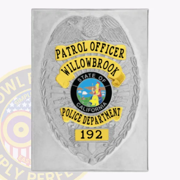Silver square police badge with center shield for Willowbrook patrol officer, showing an embossed eagle above the shield containing the vibrant State of California emblem, surrounded by yellow ribbons labeled "Patrol Officer," "Willowbrook," and "Police Department" in black letters, plus "192" at the bottom; includes safety pin attachment.