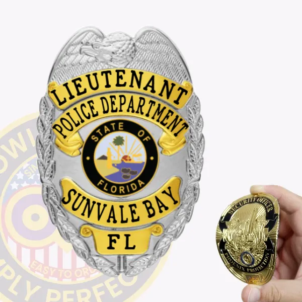 Showcasing a custom flex badge in silver color, this design highlights gold panels featuring the title "Lieutenant Police Department, Sunvale Bay, FL." The badge's detailed design includes a central state emblem and is equipped with a convenient velcro attachment.