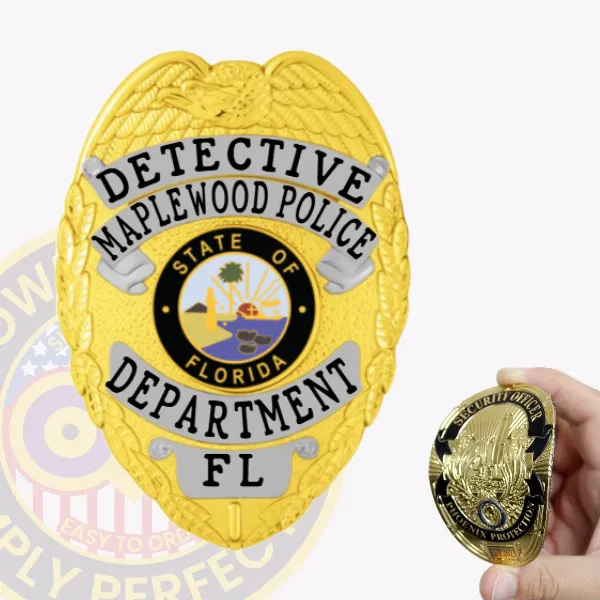 A vibrant custom flex badge in gold color features the words "Detective Maplewood Police Department" prominently displayed. The badge showcases intricate details including a central emblem representing Florida, with a velcro attachment for easy wear and display.