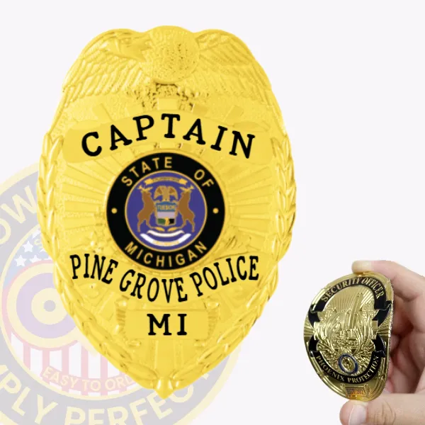 This image illustrates a custom flex badge in gold, prominently displaying "Captain Pine Grove Police" with "MI" underneath. The badge is designed with a detailed state emblem of Michigan and features a velcro attachment for effortless application.