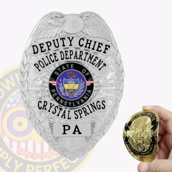 Featuring a custom flex badge in silver, this image captures the title "Deputy Chief Police Department, Crystal Springs." The badge’s sophisticated design includes a central Pennsylvania state emblem and comes with a velcro attachment for easy wearing.