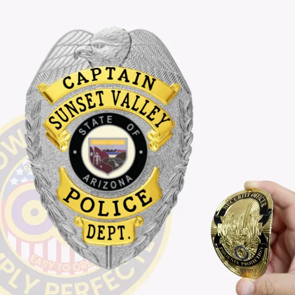 A custom flex badge in silver color with gold panels featuring an eagle design at the top. The badge prominently displays the title "CAPTAIN" along with "SUNSET VALLEY POLICE DEPT." and the state seal of Arizona in the center. It is designed with a velcro attachment for easy fastening.