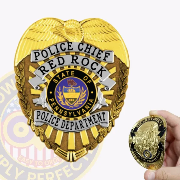Featuring a custom flex badge in gold color, this image captures the title "Police Chief Red Rock" accented by silver panels. The badge’s sophisticated design includes a central Pennsylvania state emblem and comes with a velcro attachment for easy wearing.