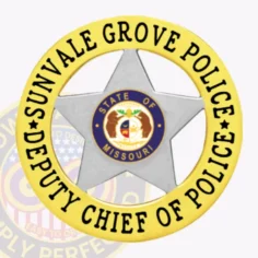 In this image, a striking badge is presented with a bold silver 5-pointed star encircled by a gold circle banner that reads "sunvale grove police" on top and "deputy chief of police" below. The central area prominently displays the missouri state seal, representing official law enforcement status. This custom badge is tailored for the deputy chief of sunvale grove police and features a safety pin attachment for easy fastening.